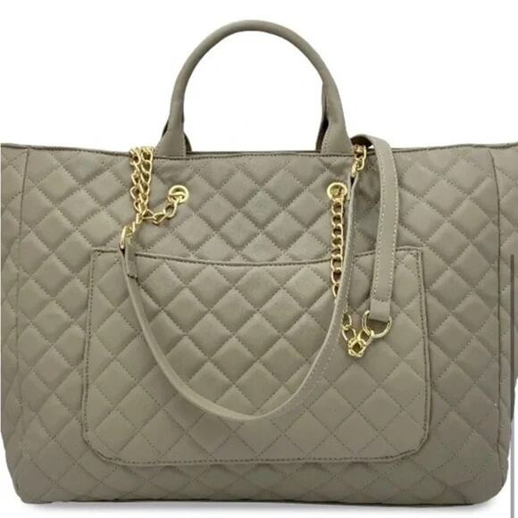 Gilda Paris Large Quilted Tote Bag in Taupe with Luggage Handle Slot NWT - Picture 3 of 6